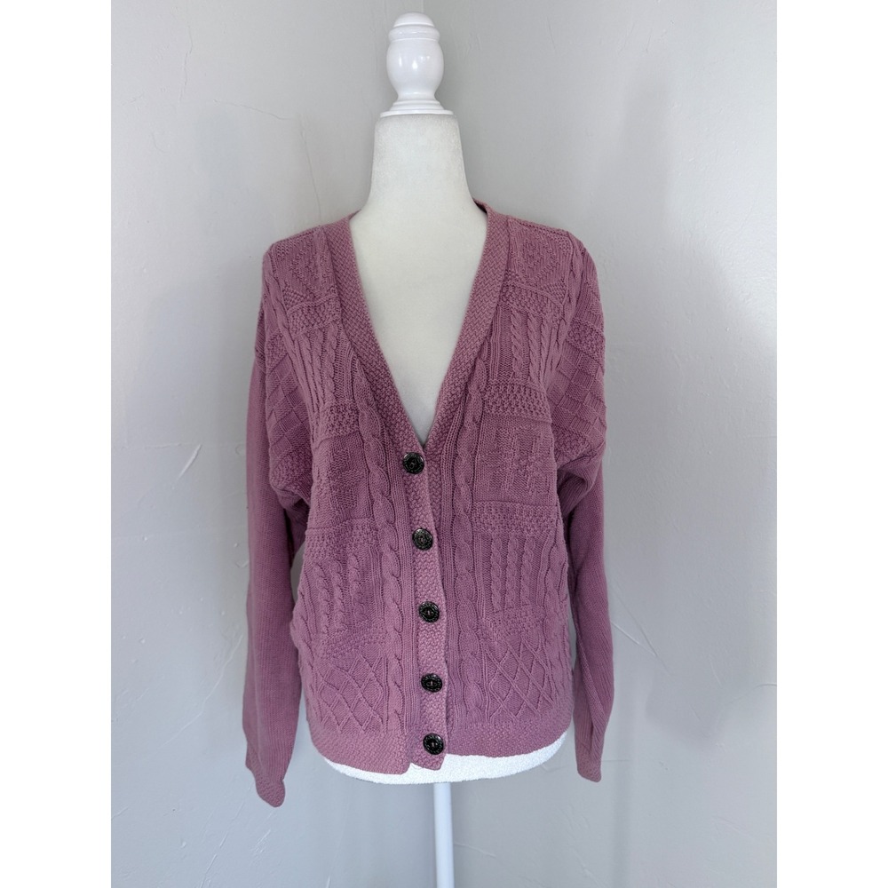 Vintage LL Bean Pink Cotton Cable Knit Cardigan Made USA Size M
